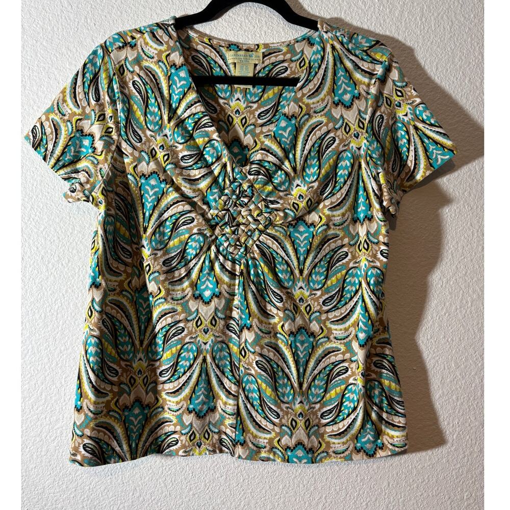 Caribbean Joe Women's Size XL Turquoise & Brown Paisley Print V-Neck Top